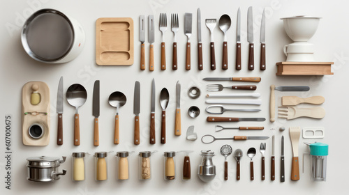 Culinary Essentials: Minimalist Knolling of Kitchen Equipment in Lifestyle Photography. Generative AI