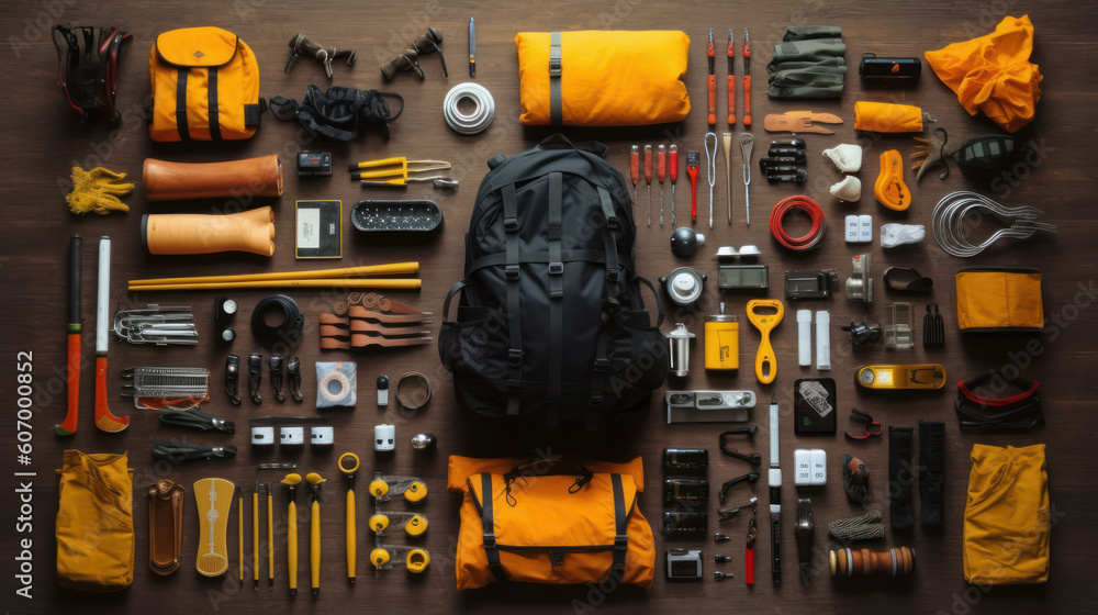 Order in Chaos: Knolling Photography Showcasing Camping Equipment. Generative AI