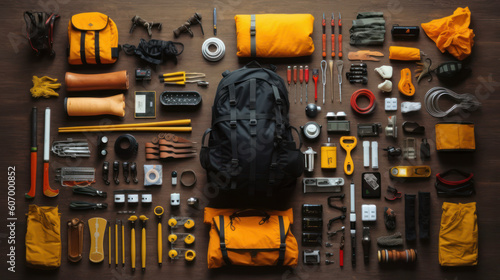 Order in Chaos: Knolling Photography Showcasing Camping Equipment. Generative AI