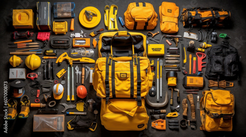 Construction Toolbox: Minimalist Knolling Photography of Worker Equipment. Generative AI