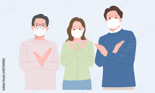마스크를 낀채 경고하는 사람들