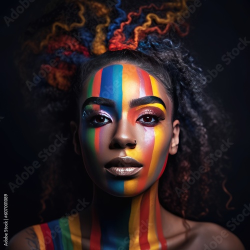 Skin Color Doesn't Matter: mixed race or black woman with rainbow colored makeup, black lives matter concept, created with generative ai