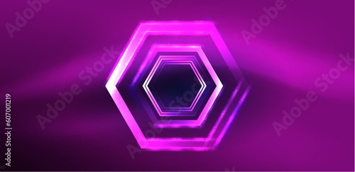 Hexagon abstract background. Techno glowing neon hexagon shapes vector illustration for wallpaper, banner, background, landing page, wall art, invitation, prints, posters