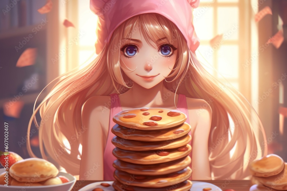 Cute kawaii girl with pancakes food. Generate Ai Cute kawaii girl with pancakes food. Generate Ai