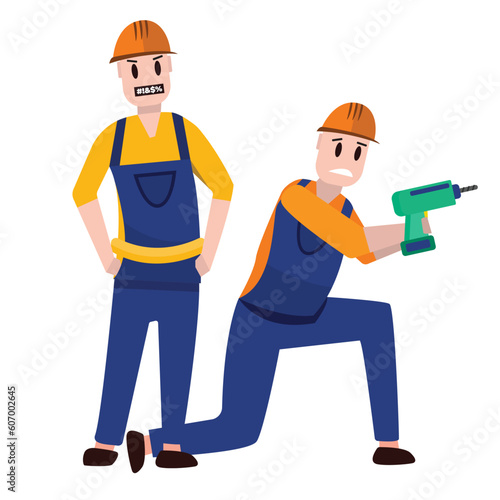 the foreman scolds his inept employee. builders, handymen, repairmen in helmets. male builders dressed in work clothes, construction overalls, disappointed, frustrated, builders. cartoon characters.