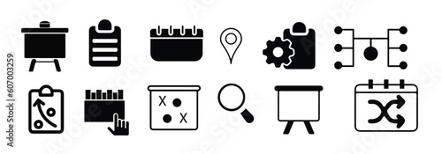 Business strategy set of web icons in line style. Business solutions icons for web and mobile app. Action List, research, solution, team, marketing, startup, advertising, business process, management