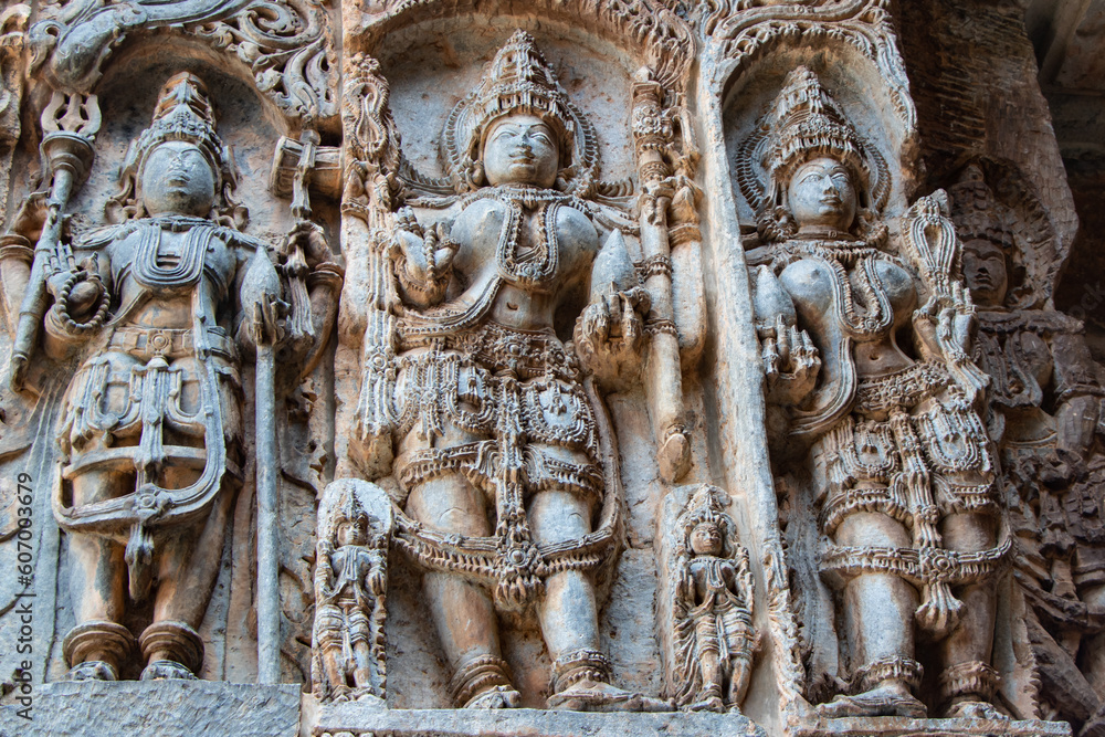Sculptures created by Hoysala dynasty in 12 Century at Halebidu in Karnataka India