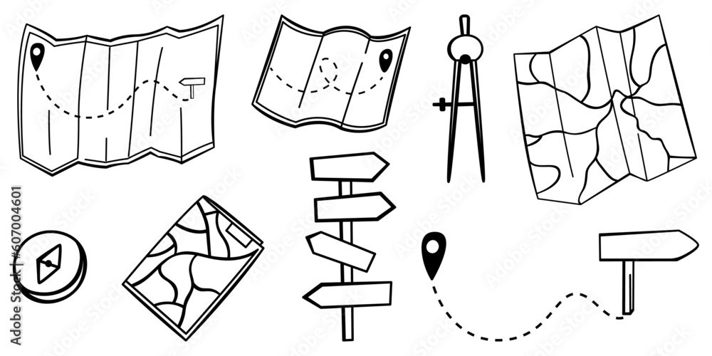 Fototapeta premium Hand drawn camping navigation. Folded paper maps with a route. Map for camping, hiking, local tourism. Route on map. Elements isolated on white.