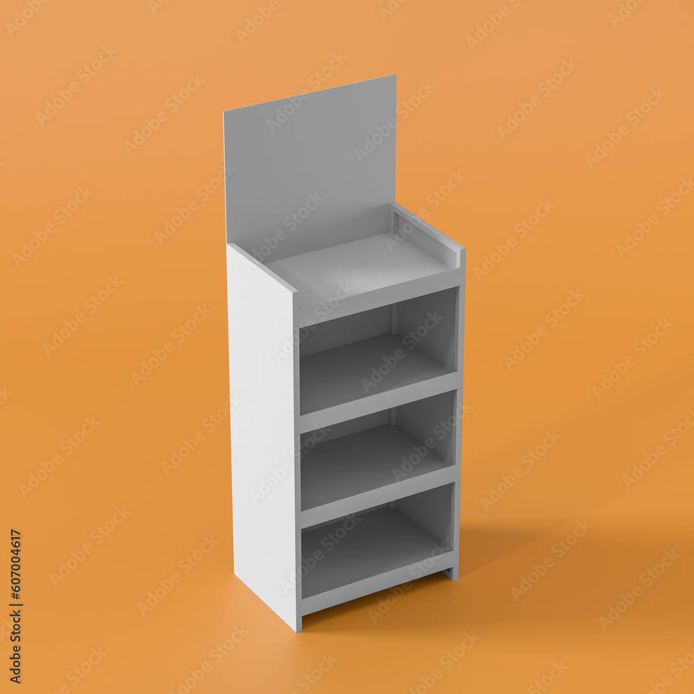 White POS POI Cardboard Floor Display Rack For Supermarket Blank Empty Displays With Shelves Products On Orange Background Isolated. 3d Rendering White POS POI Cardboard Floor Display Rack For Supermarket Blank Empty Displays With Shelves Products On Orange Background Isolated. 3d Rendering
