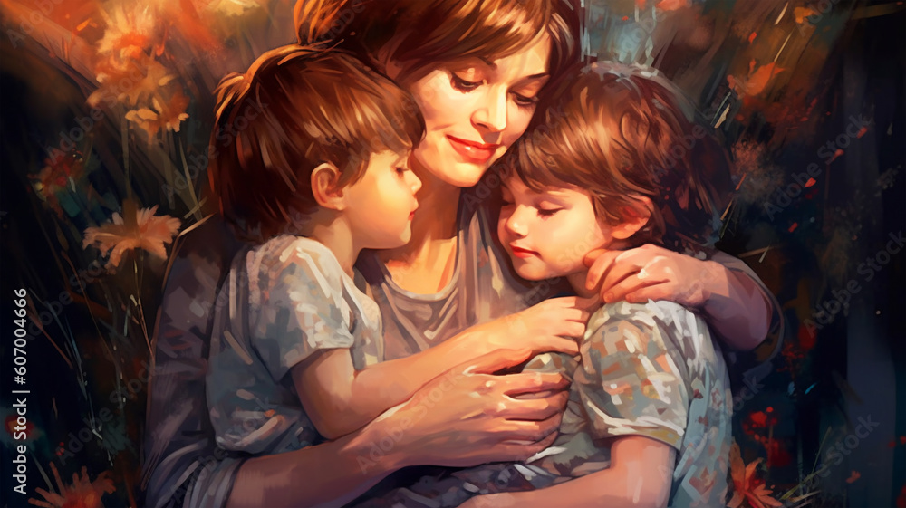 Painted image of a young mother holding her kids, parenthood, mother's day Painted image of a young mother holding her kids, parenthood, mother's day