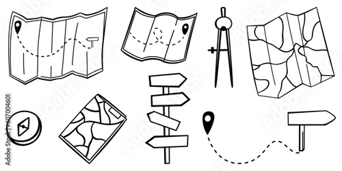 Hand drawn camping navigation. Folded paper maps with a route. Map for camping, hiking, local tourism. Route on map. Elements isolated on white.