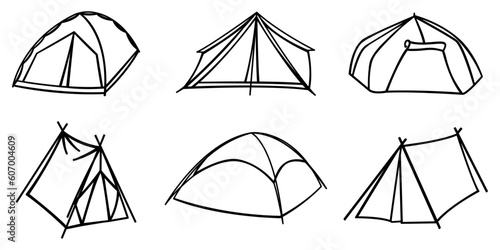 Collection of camping tent. Tent for camping, hiking, local tourism. Elements isolated on white.