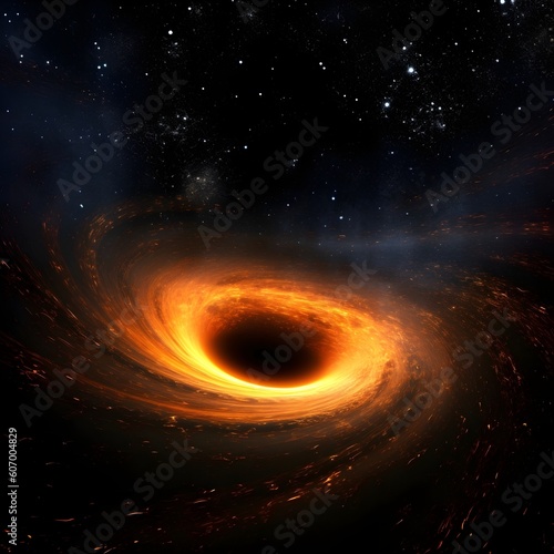 A massive black hole surrounded by a bright, swirling disk of gas and dust. The inky blackness of the event horizon creates a stark contrast against the luminous glow of the surrounding matter