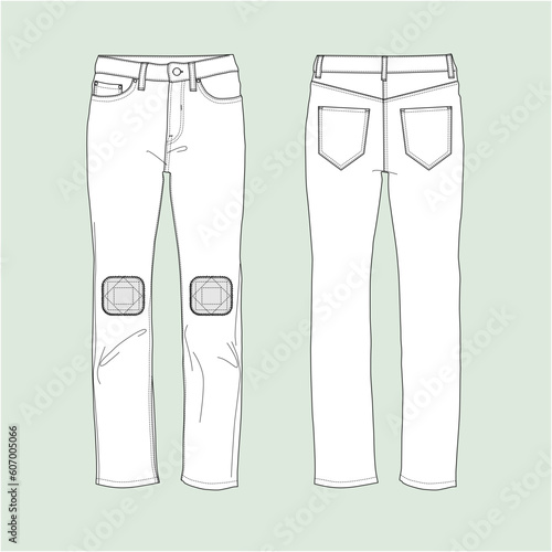 illustration of jeans, silhouette straight leg jeans, outline jeans, jeans patch on the knee, illustration, vector, silhouette.