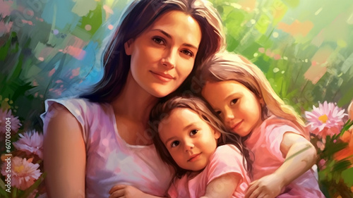 Painted image of a young mother holding her kids, parenthood, mother's day © HelgaQ