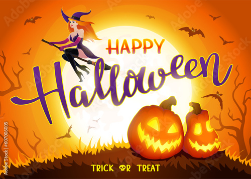 Halloween night background with Moon and redhead sexy witch on a broomstick, bats and Jack O'Lanterns. Vector poster illustration