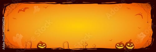 Halloween night background with bats and Jack O'Lanterns. Vector poster frame with place for your text.