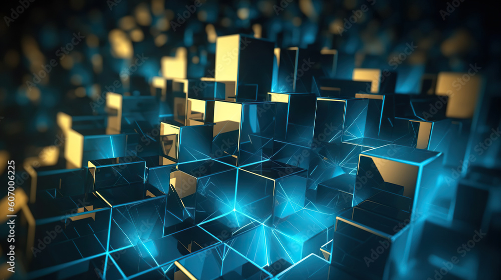 Fototapeta premium Modern digital abstract 3D background. Can be used in the description of network abilities, technological processes, digital storages, science, education, etc. Copy space. Based on Generative AI