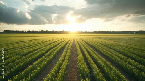 Landwirtschaftliches Feld im sanften Sonnenlicht und bewölktem Himmel, Generative AI