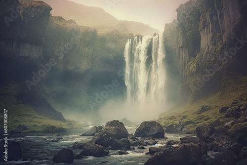 River, and Lush Greenery in a Serene Landscape. Beautiful Waterfall Landscape