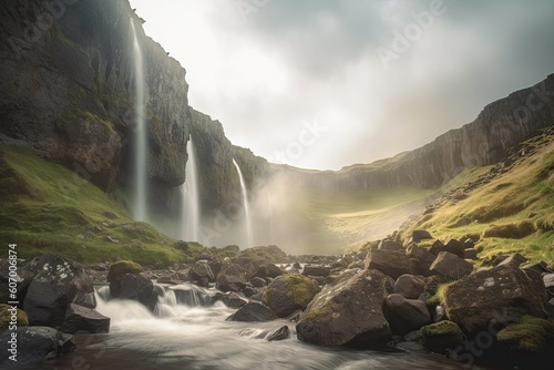 River  and Lush Greenery in a Serene Landscape. Beautiful Waterfall Landscape