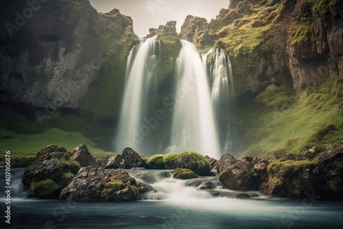 River, and Lush Greenery in a Serene Landscape. Beautiful Waterfall Landscape