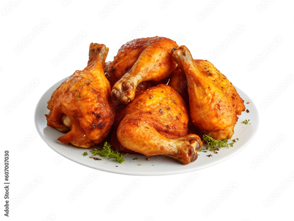 Baked chicken on a transparent background. PNG. Generated AI. Baked chicken on a transparent background. PNG. Generated AI.