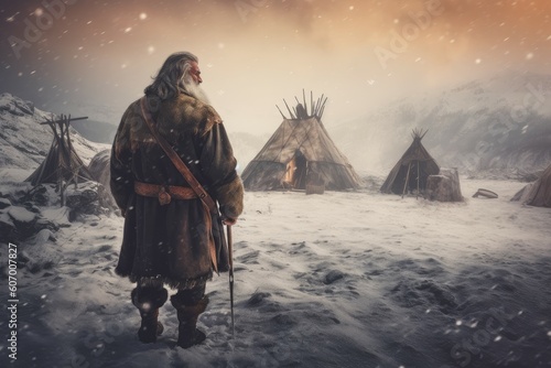 Viking old man snow settlement. Generate Ai © nsit0108