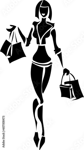 Black stylized silhouette. Cheerful and happy girl with shopping. Logo.