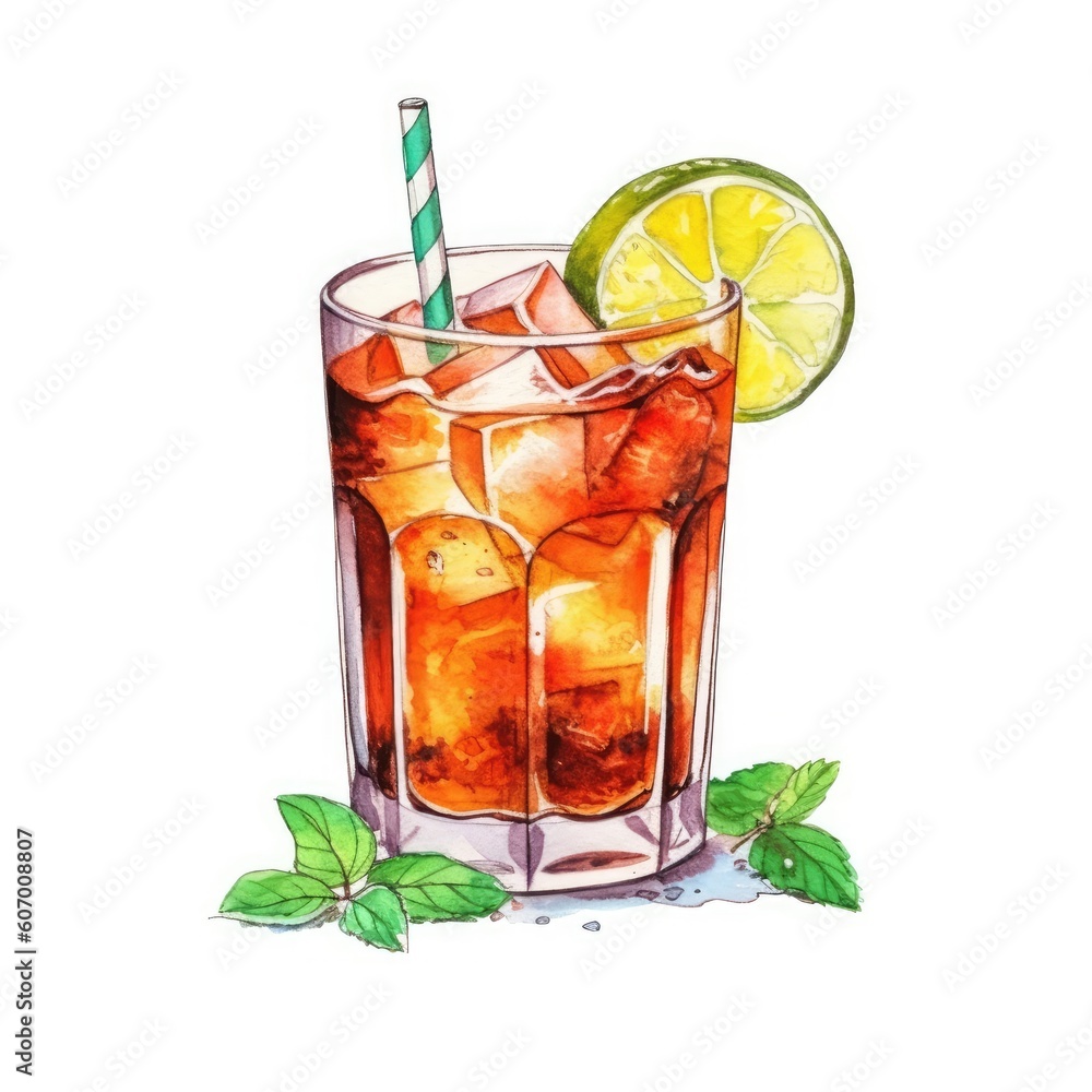 Cuba Libre Cocktail isolated on white drawn with watercolor (generative AI) Cuba Libre Cocktail isolated on white drawn with watercolor (generative AI)