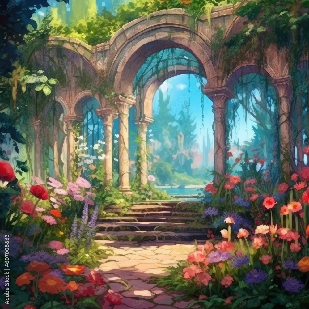 The background is a digital painting of a fairy garden. (Generative AI)