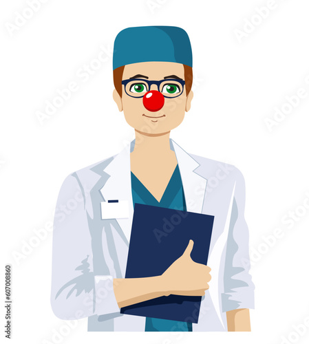 Young doctor with a red clown nose. Illustration of Red Nose Day. Doctors Day Vector illustration.