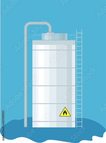 Natural gas cistern vector tank. Propane icon container. Oxygen gas cylindrical container fuel storage. Reservoir with flammable sign. Metal tank with industrial flammable fuel Safe butane and propane