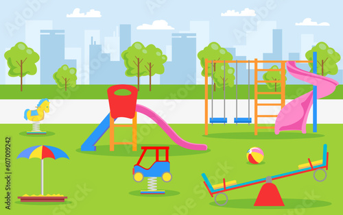 Kids playground in summer park, garden or backyard with slide, sandbox and swing. Childrenkids playground. Vector cartoon illustration of kindergarten play ground, seesaw, sandpit on green lawn