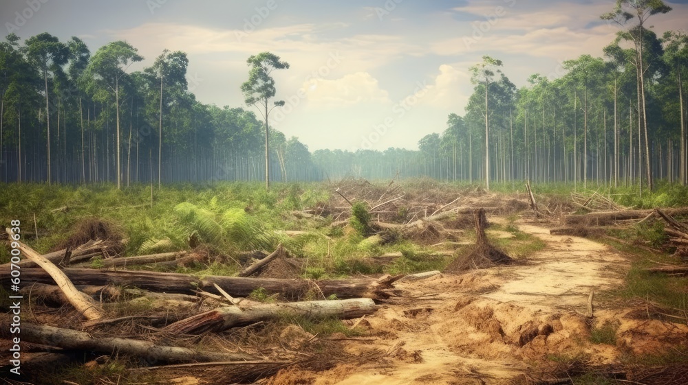 Loss of biodiversity: Images portray cleared forests and the impact on plant and animal species, emphasizing the need for forest conservation and sustainable land use. Generative AI Loss of biodiversity: Images portray cleared forests and the impact on plant and animal species, emphasizing the need for forest conservation and sustainable land use. Generative AI