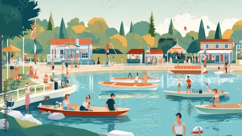 Illustrations depict people enjoying leisure activities like boating, fishing, or strolling along the lakeside promenade, representing the laid-back lifestyle of lakeside communities. Generative AI