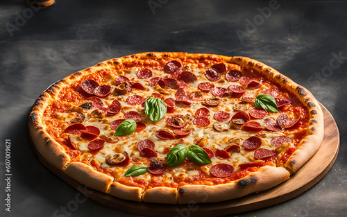 Pizza on a table with salami and tomatoes