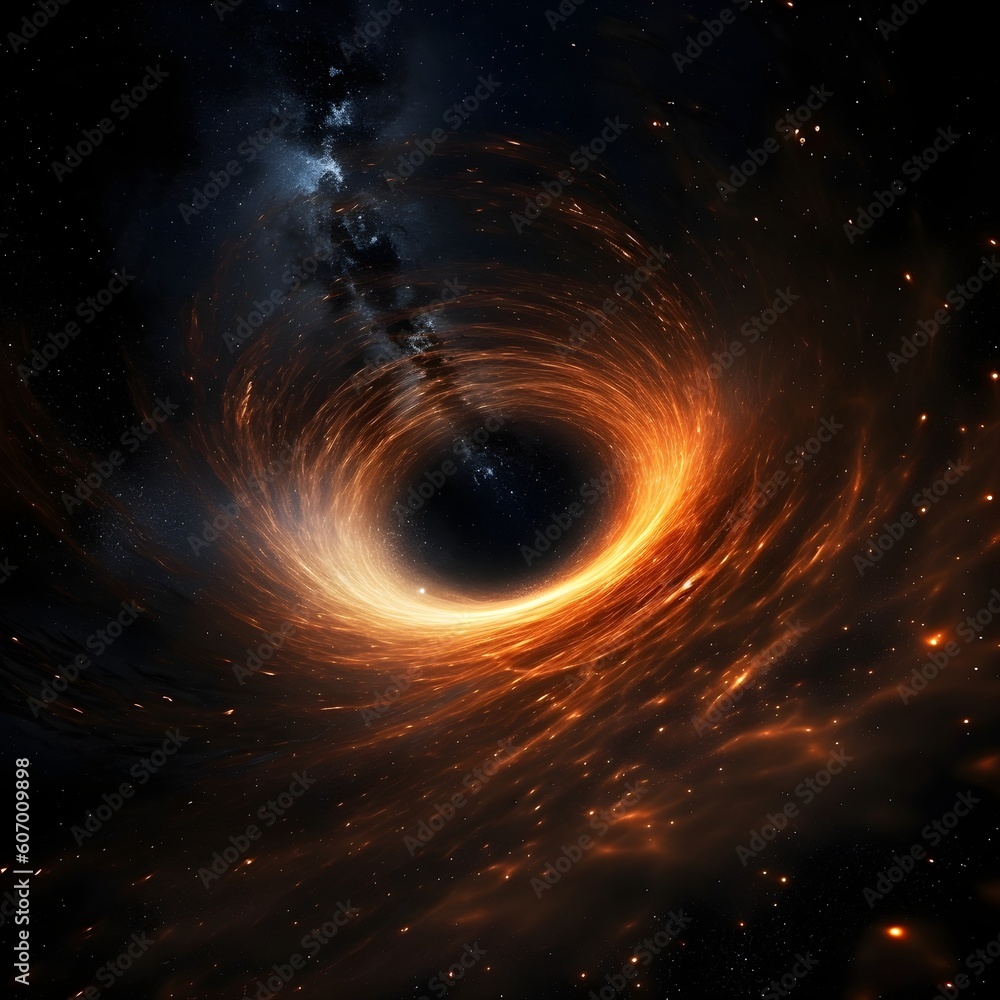 A massive black hole surrounded by a bright, swirling disk of gas and dust. The inky blackness of the event horizon creates a stark contrast against the luminous glow of the surrounding matter A massive black hole surrounded by a bright, swirling disk of gas and dust. The inky blackness of the event horizon creates a stark contrast against the luminous glow of the surrounding matter