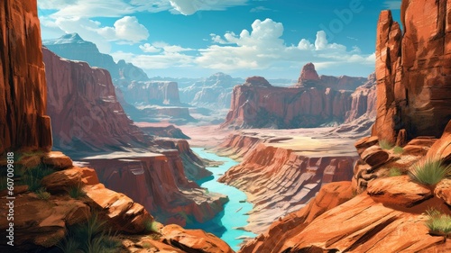 Natural wonders. Illustrations depict iconic canyons such as the Grand Canyon, highlighting the awe-inspiring beauty and the sense of wonder associated with these geological marvels. Generative AI