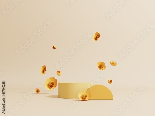 3d summer podium, display with yellow flowers on light pastel background. Showcase for advertising products, cosmetics. Floral, summer, holiday banner for product presentation and advertising.