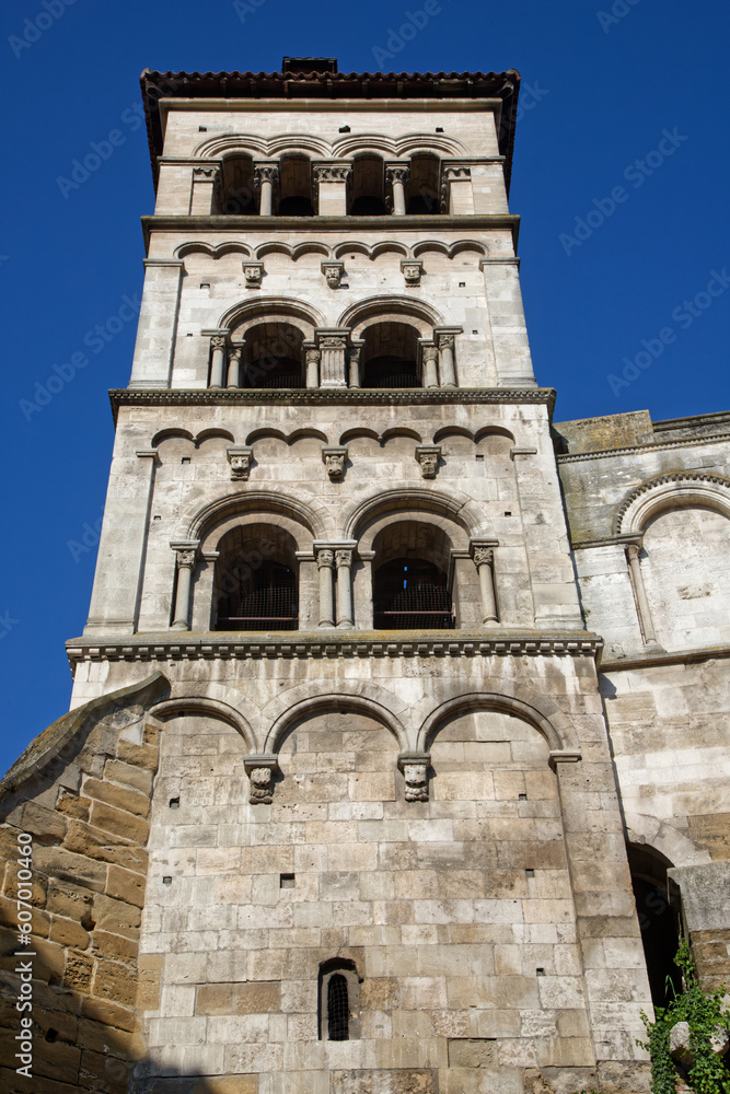 VIENNE, FRANCE, May 26, 2023 : Bell tower of chuch of ancient Abbey of Saint-André-le-Bas, founded in the 8th century by Duke Ansemond
