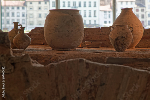 ST-ROMAIN-EN-GAL, FRANCE, May 26, 2023 : Some gallo-roman vases found on an archaeological site of the ancient Roman city of Vienna, exhibited in the Gallo-Roman Museum