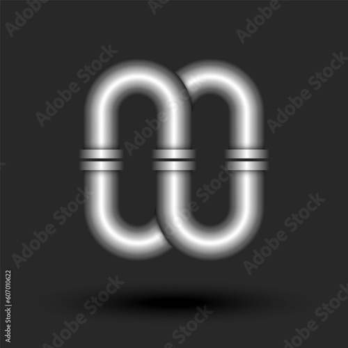 Closed loop logo 3d steel infinity shape line pipe with flanges smooth curve shape, silver colored creative industrial tech metallic logotype.