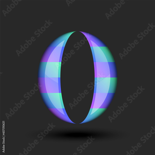 Bold 3d letter O or 0 number calligraphy monogram logo striped smooth oval shape vibrant gradient with shadows and reflection, typography creative mark from plastic material.