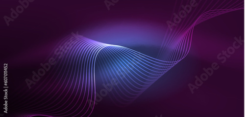 Shiny glowing neon wave. Neon light or laser show, electric impulse, power lines, techno quantum energy impulse, magic glowing dynamic lines