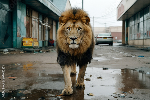 lion walking on the empty street, Generated AI