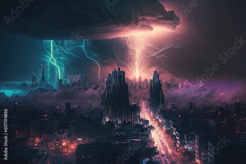 Lightning strikes the city at night