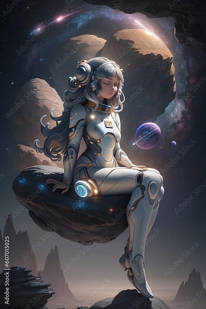 Fototapeta premium (masterpiece),( best quality), 8k cg wallpaper, illustration, meditating woman in space suit, long flowing fair, sitting on a rocky alien planet, floating rocks, background is space with stars, galaxy