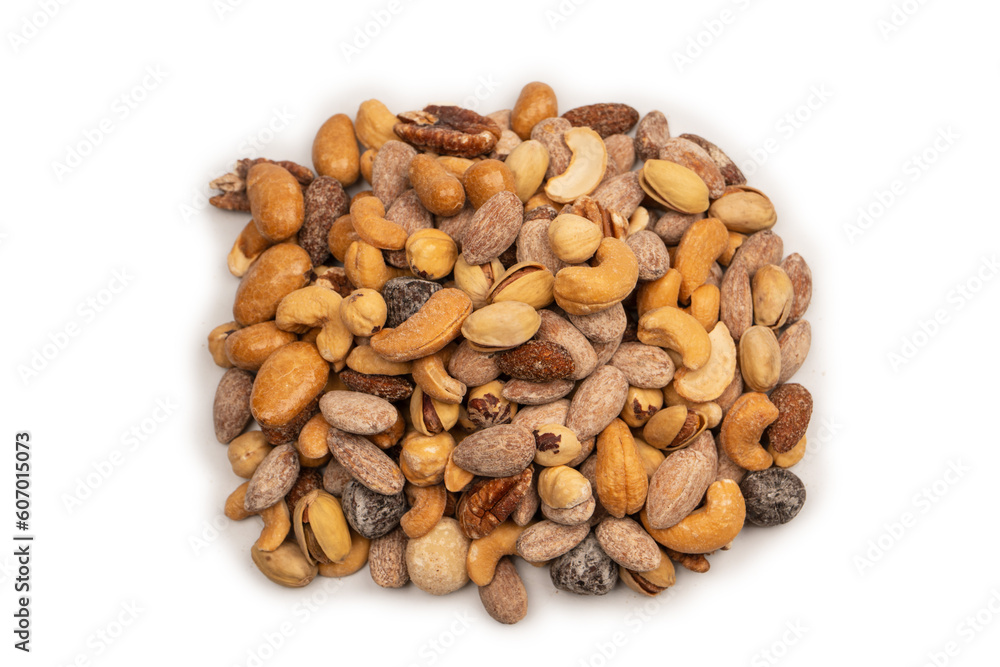 A group of almonds, pistachios, walnuts, macadamia, cashews.