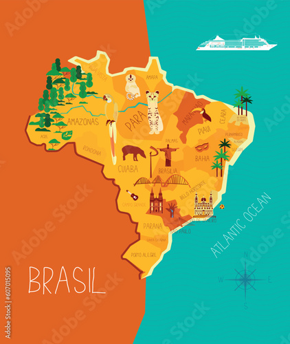 Brasil cartoon travel map vector illustration with landmarks, cities, roadmap. Infographic concept shape template design with country navigator. Brazilian journey, tourism web layout, clipart, icons